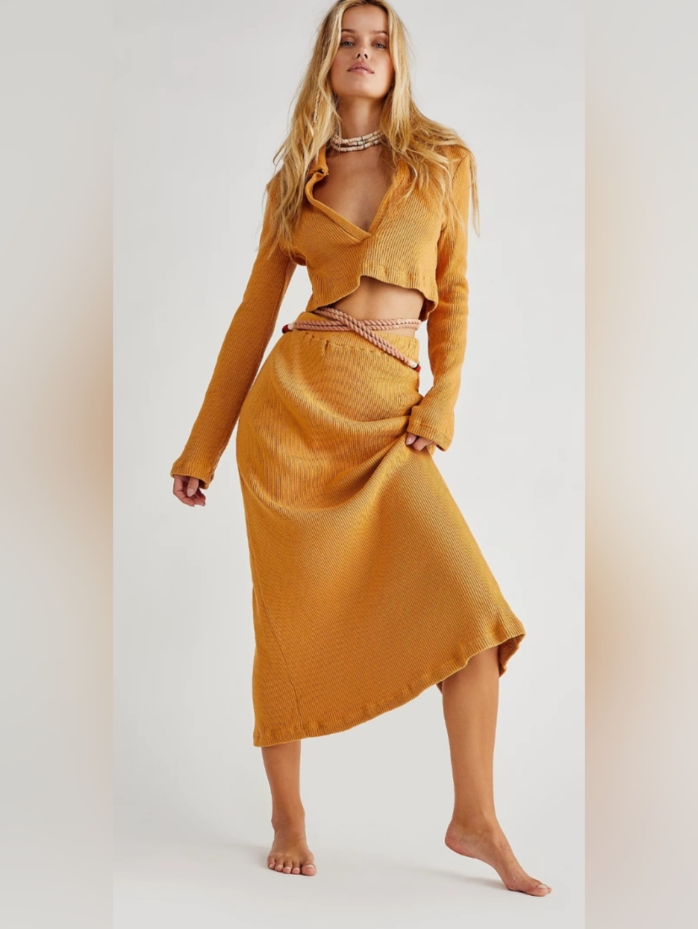 FREE PEOPLE BEACH Josie Ribbed Maxi Skirt Mustard Yellow Size Large